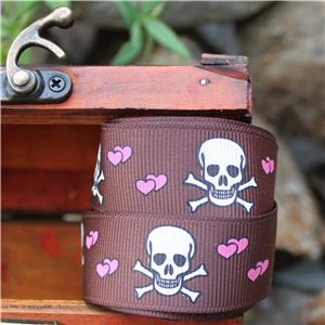 Pirate Ribbon - Skull & Cross Bones Hearts/Brown